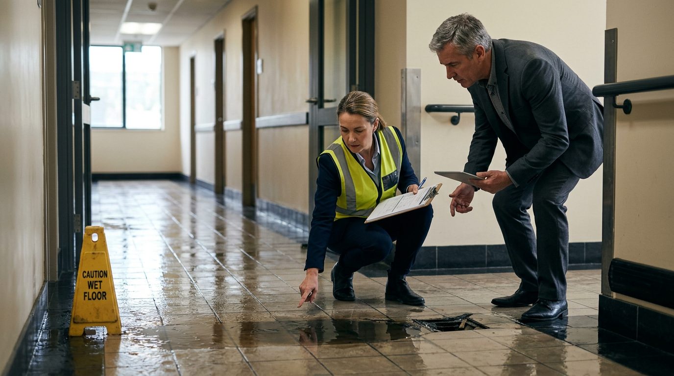 Property manager inspecting wet floor and missing safety signage in commercial hallway.