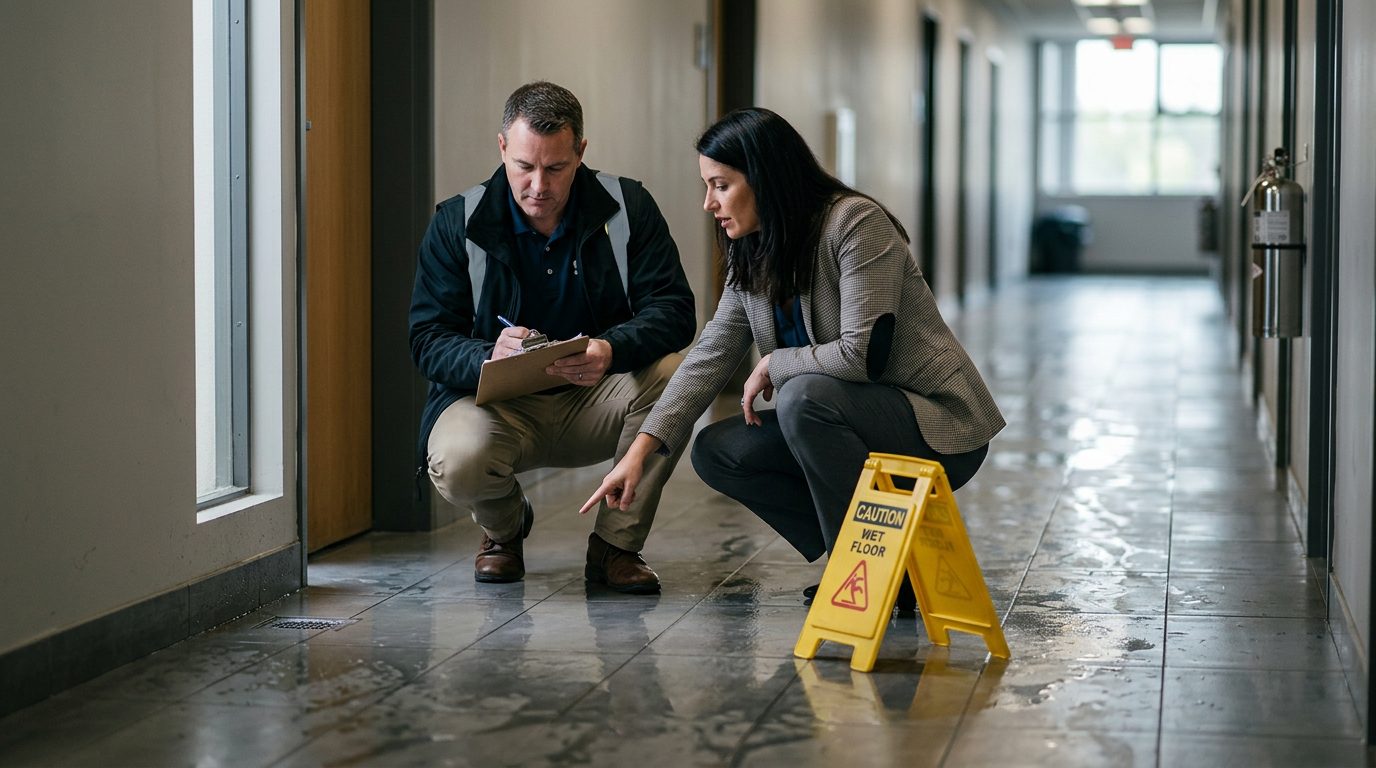 Property manager inspecting wet floor, missing safety signs, and drainage problems in commercial hallway.