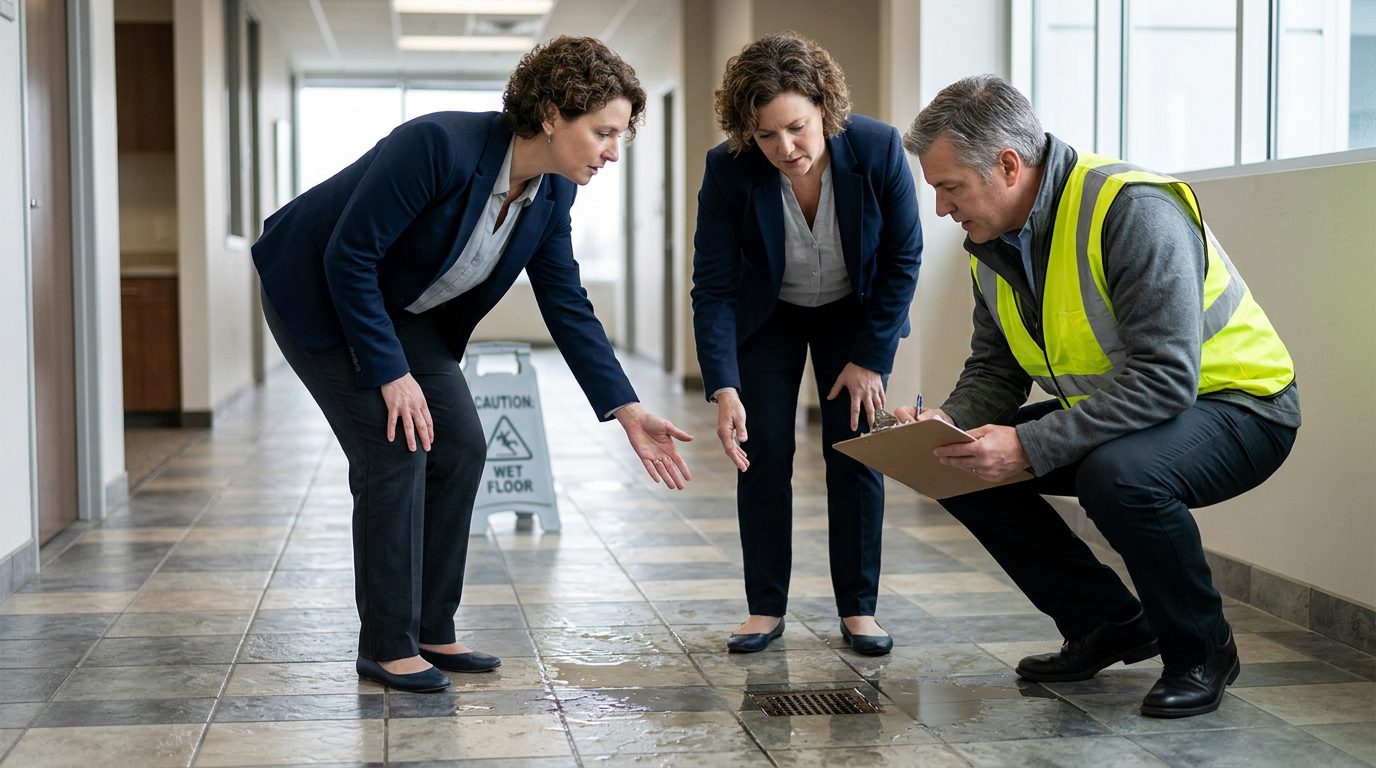 Property manager inspecting wet floor, missing warning signs, and drainage problems in commercial hallway.
