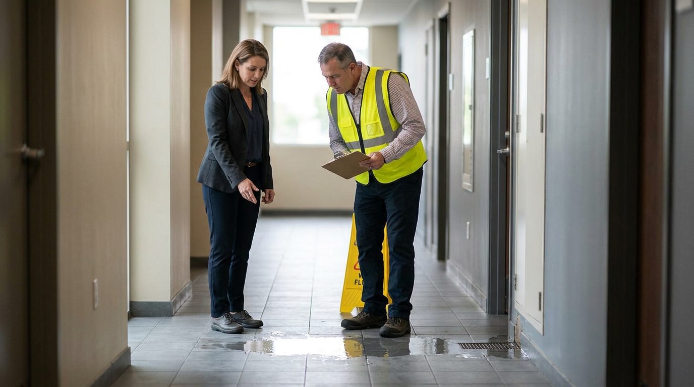 Property manager inspecting wet floor, missing warning signs, and drainage problems in commercial hallway.