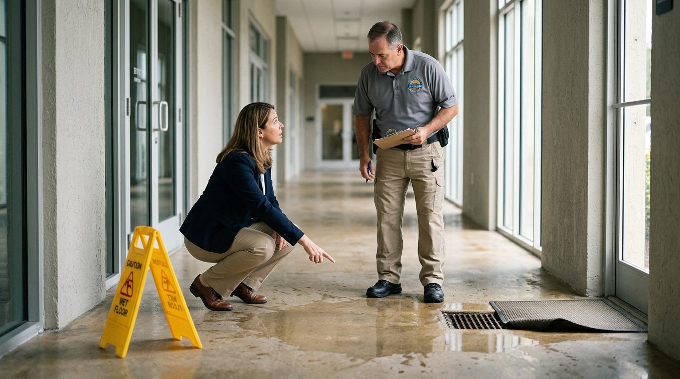 Property manager inspecting wet floor, missing warning signs, and drainage problems in commercial hallway.