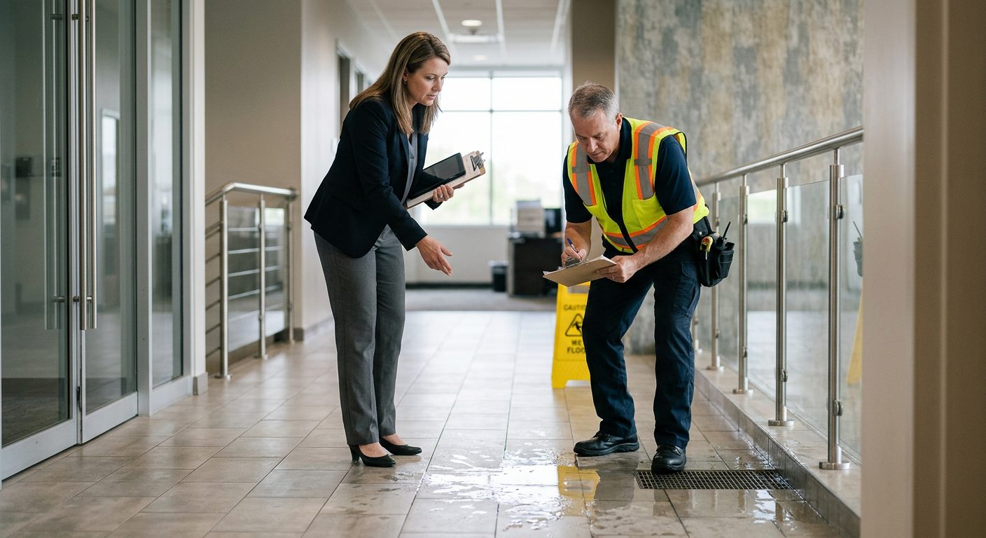 Property manager inspecting wet floor, missing warning signs, and drainage problems in commercial hallway.
