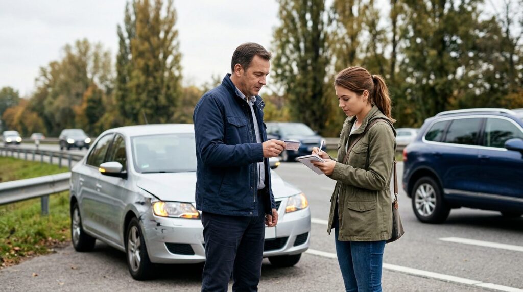 Rideshare driver and passenger exchanging information after a car collision.