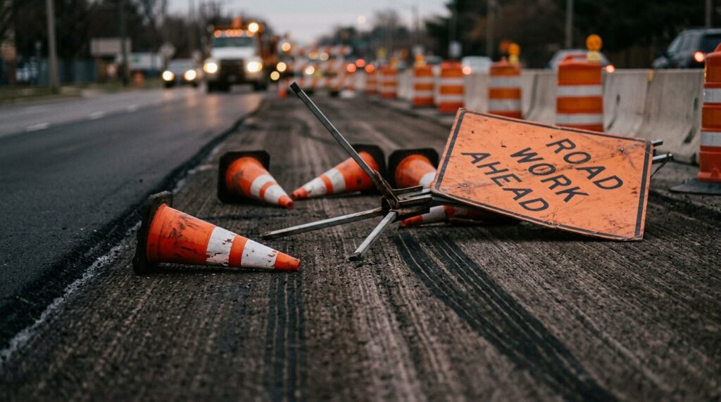 Scattered traffic cones and fallen work-zone sign on road with skid marks after collision.