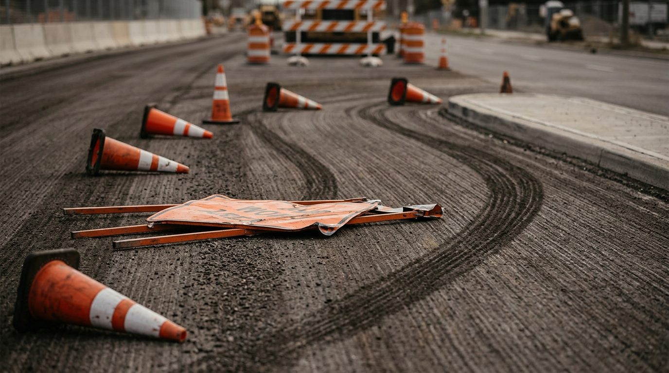 Scattered traffic cones and fallen work-zone sign on road with skid marks after collision.