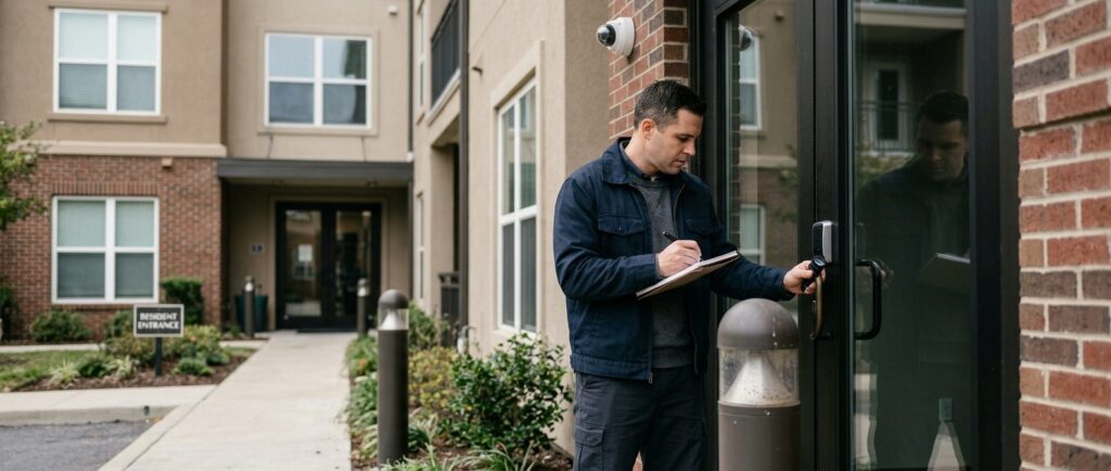 Security professional inspecting apartment locks, lighting, and surveillance cameras.
