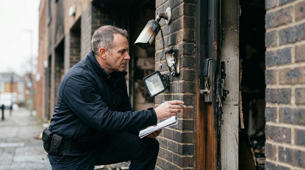 Security professional inspecting damaged locks, lighting, and surveillance cameras on property.