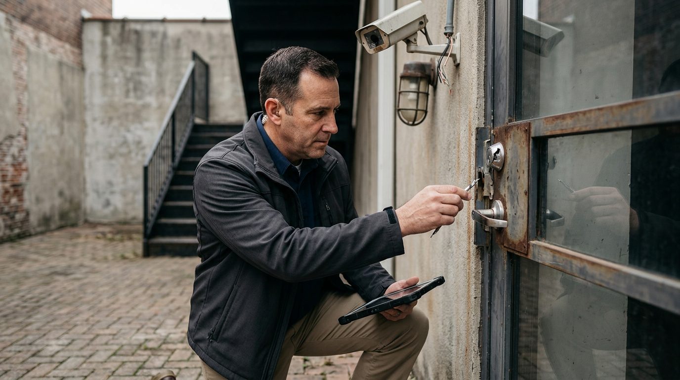 Security professional inspecting failed locks, lighting, and surveillance cameras on property.