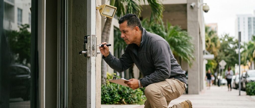 Security professional inspecting locks, lighting, and surveillance cameras on property.