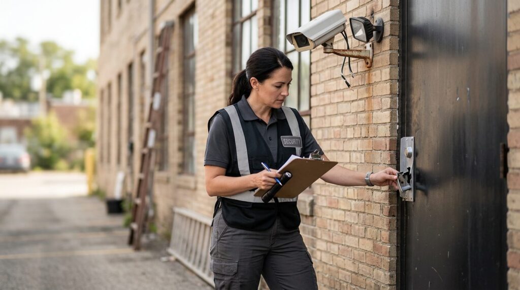 Security professional inspecting locks, lighting, and surveillance cameras on property.