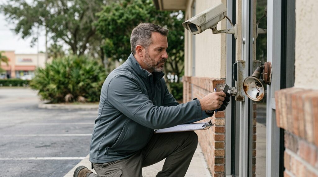 Security professional inspecting locks, lighting, and surveillance cameras on property.
