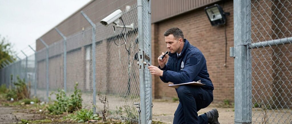 Security professional inspecting locks, lighting, and surveillance cameras.