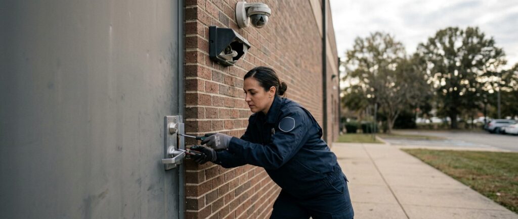 Security professional inspecting locks, lighting, and surveillance cameras on property.