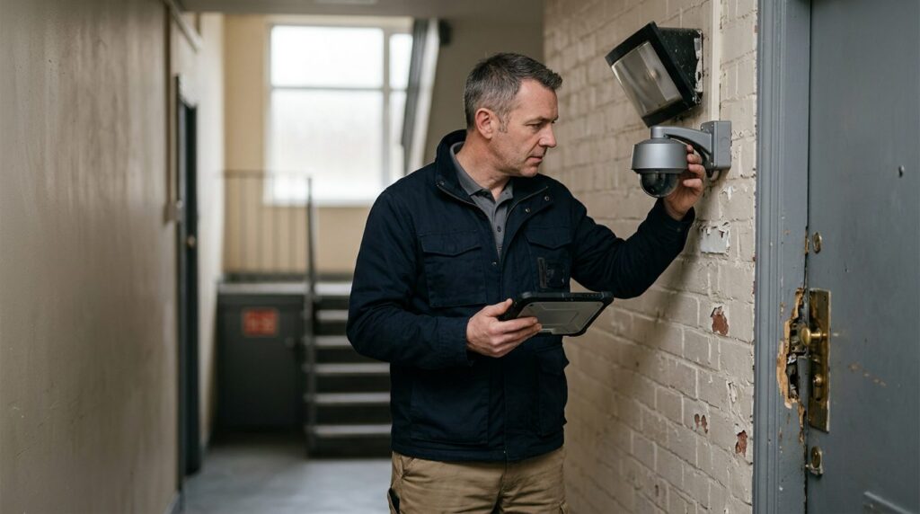 Security professional inspecting locks, lighting, and surveillance cameras for premises liability.