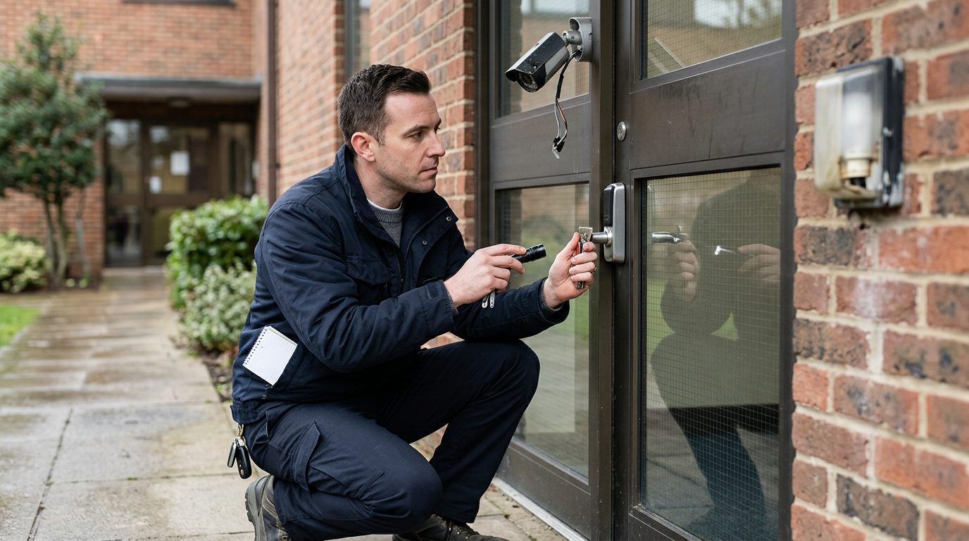 Security professional inspecting locks, lighting, and surveillance cameras on property.