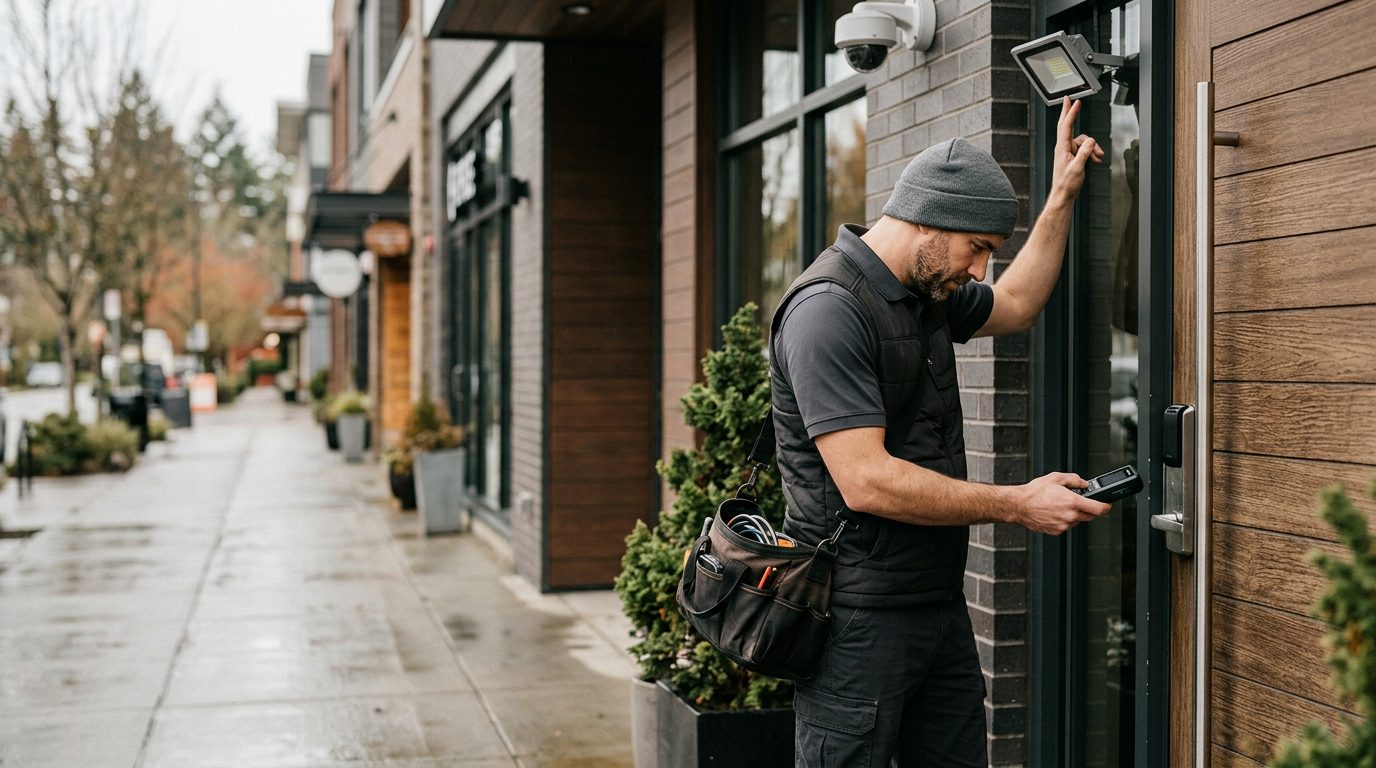 Security professional inspecting locks, lighting, and surveillance cameras in a restaurant.