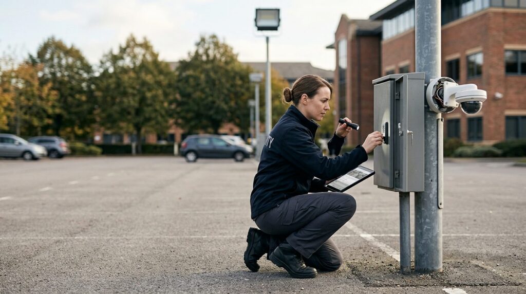Security professional inspecting parking lot locks, lighting, and cameras for slip and fall liability.