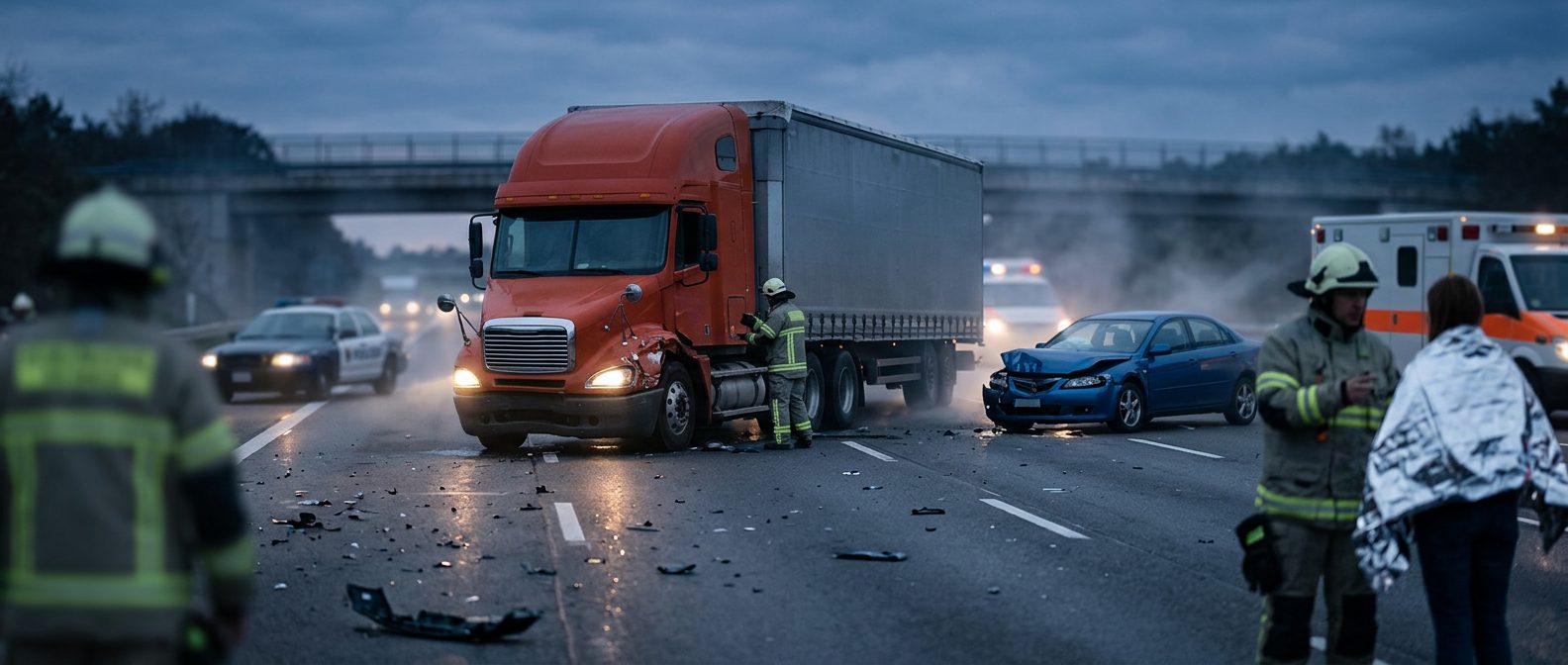 Serious commercial truck collision on a highway at dusk.