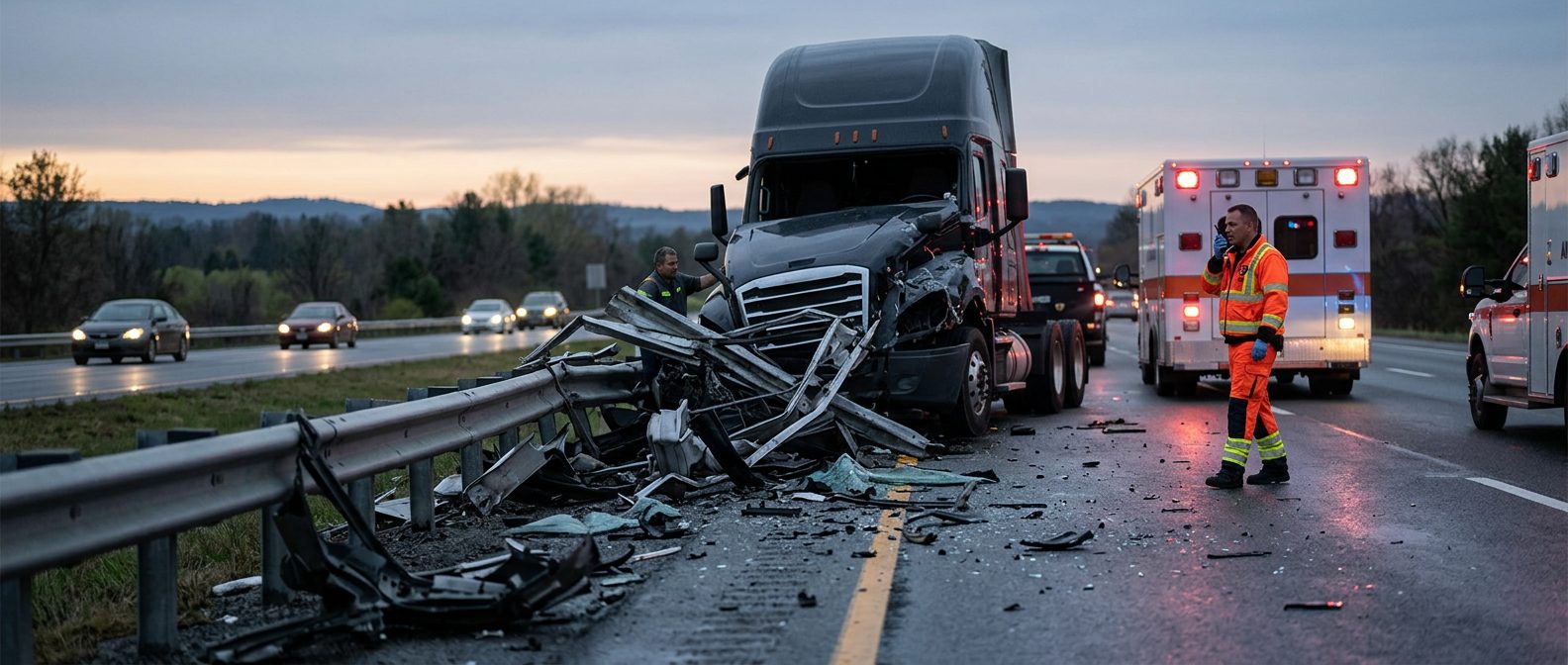 Serious commercial truck collision on a highway at dusk.