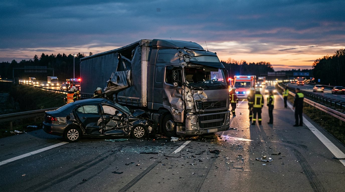 Serious commercial truck collision wreckage on a highway at dusk.
