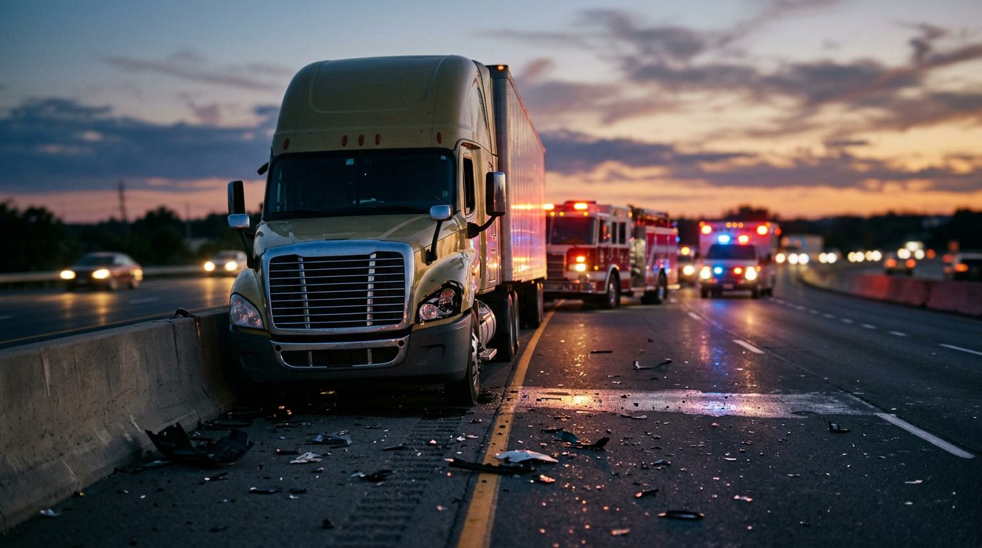 Serious commercial truck collision wreckage on highway at dusk.