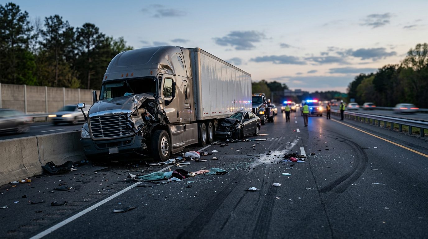 Serious commercial truck collision wreckage on highway at dusk.