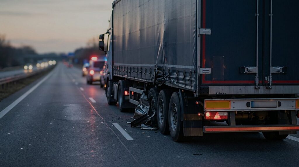 Serious highway truck collision wreckage at dusk.