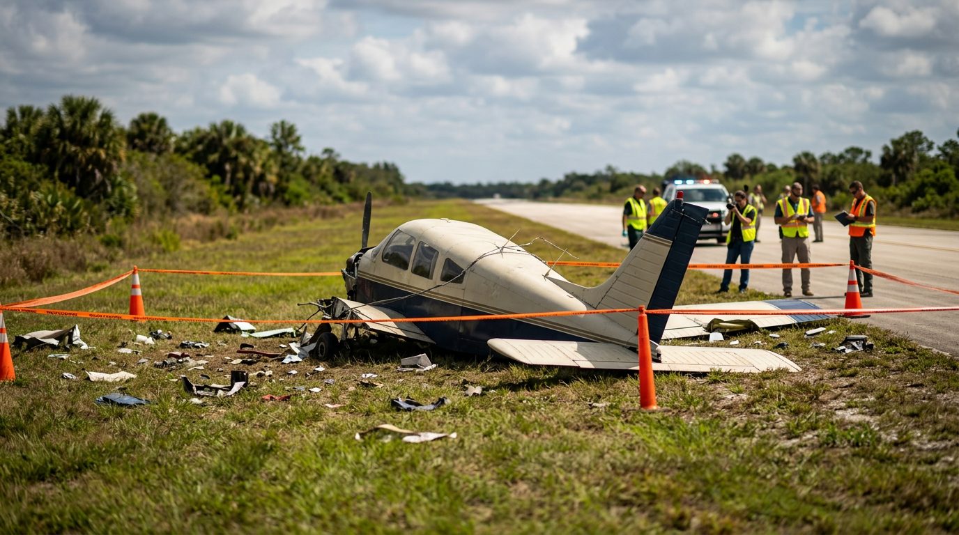 Tail section and debris of crashed light aircraft cordoned off on rural airstrip.