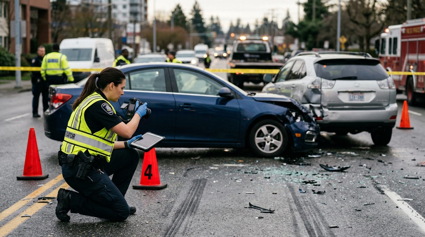 Traffic accident investigator documenting vehicle damage and road conditions at a multi-vehicle collision scene.