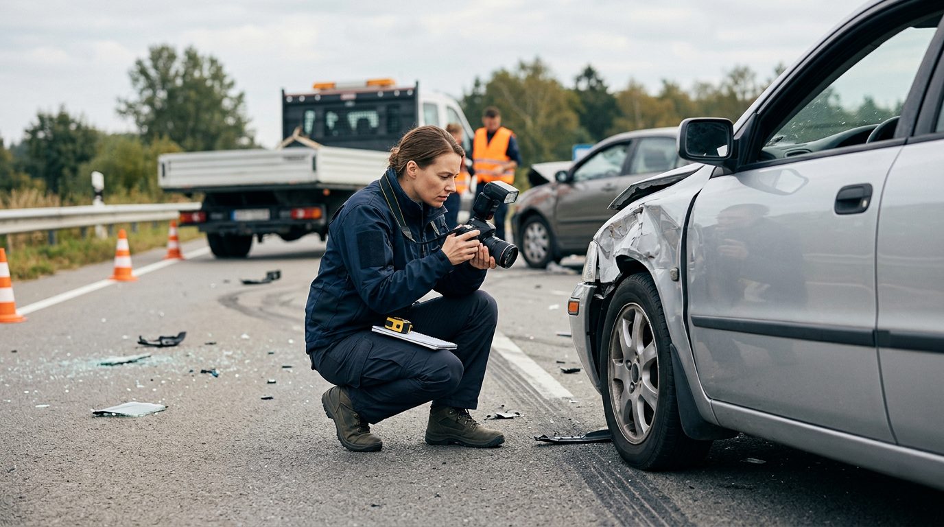 Traffic accident investigator documenting vehicle damage and road conditions at a multi-vehicle collision scene.