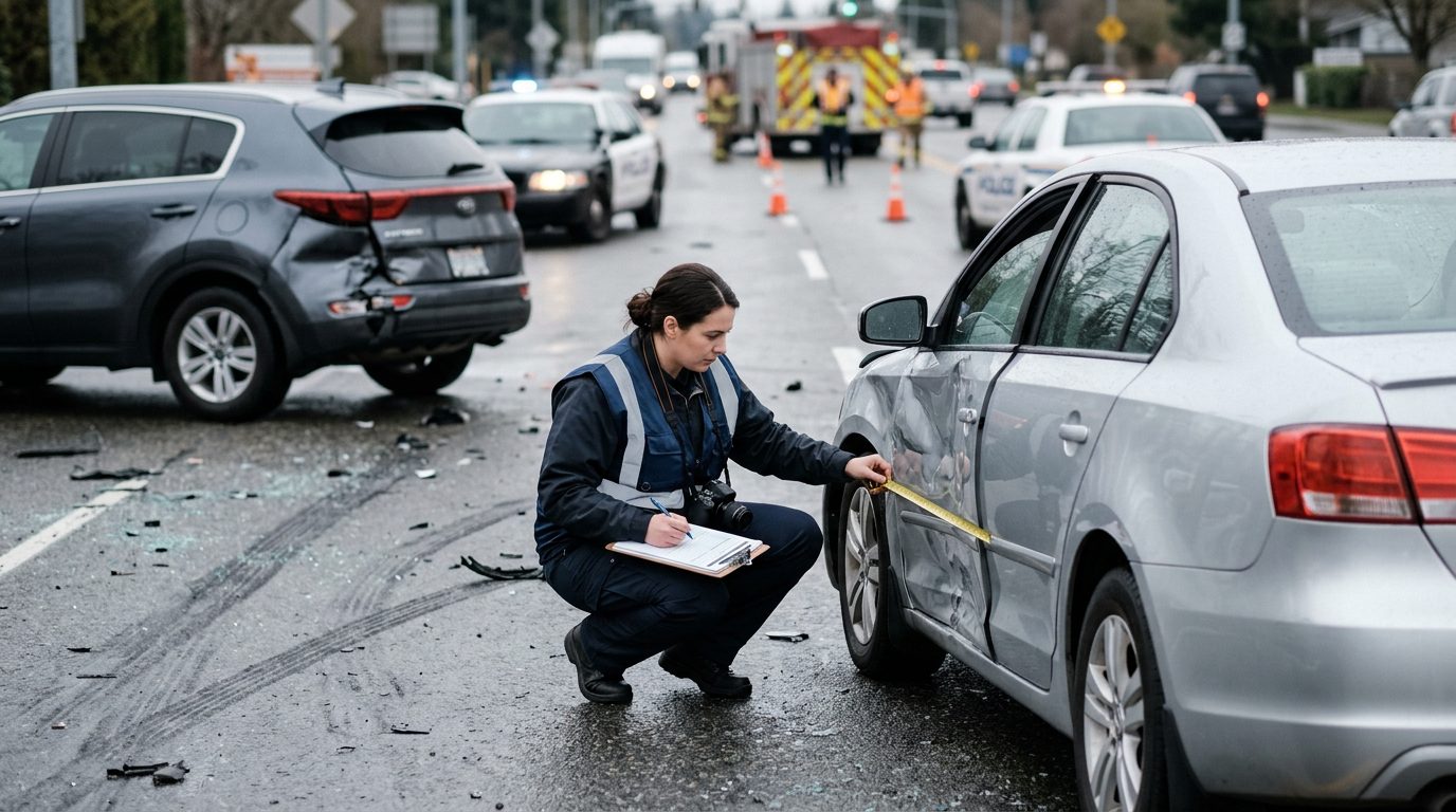 Traffic accident investigator documenting vehicle damage at multi-vehicle collision scene.