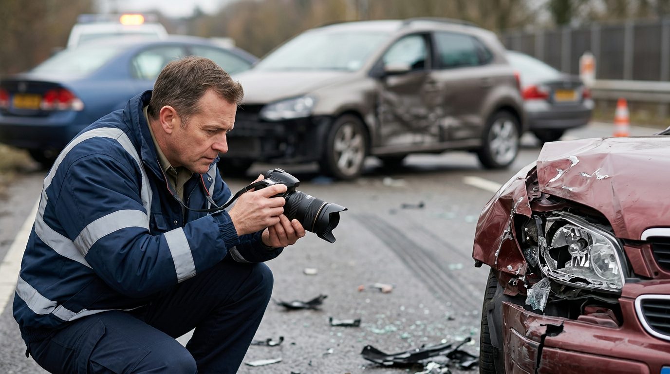 Traffic accident investigator documenting vehicle damage at multi-vehicle collision scene.