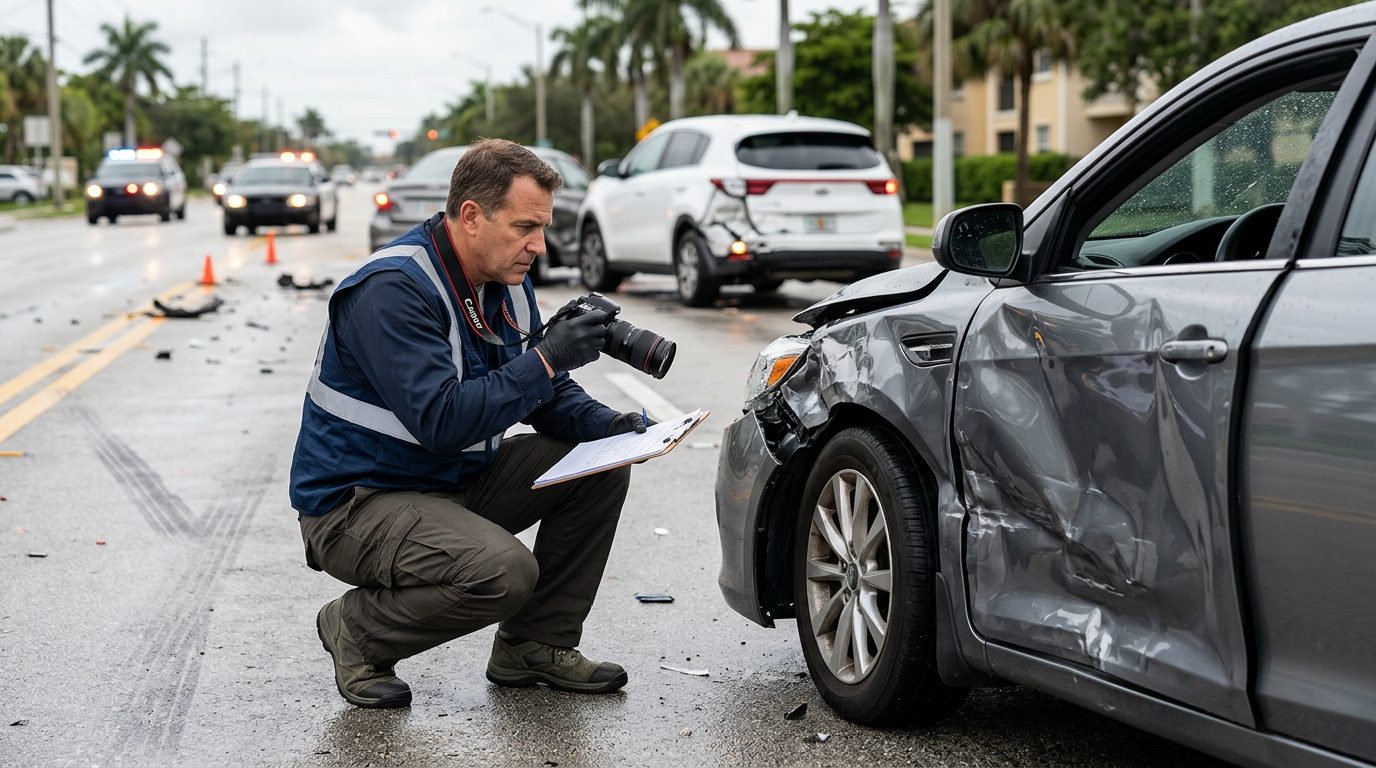 Traffic accident investigator documenting vehicle damage at a multi-vehicle collision scene.