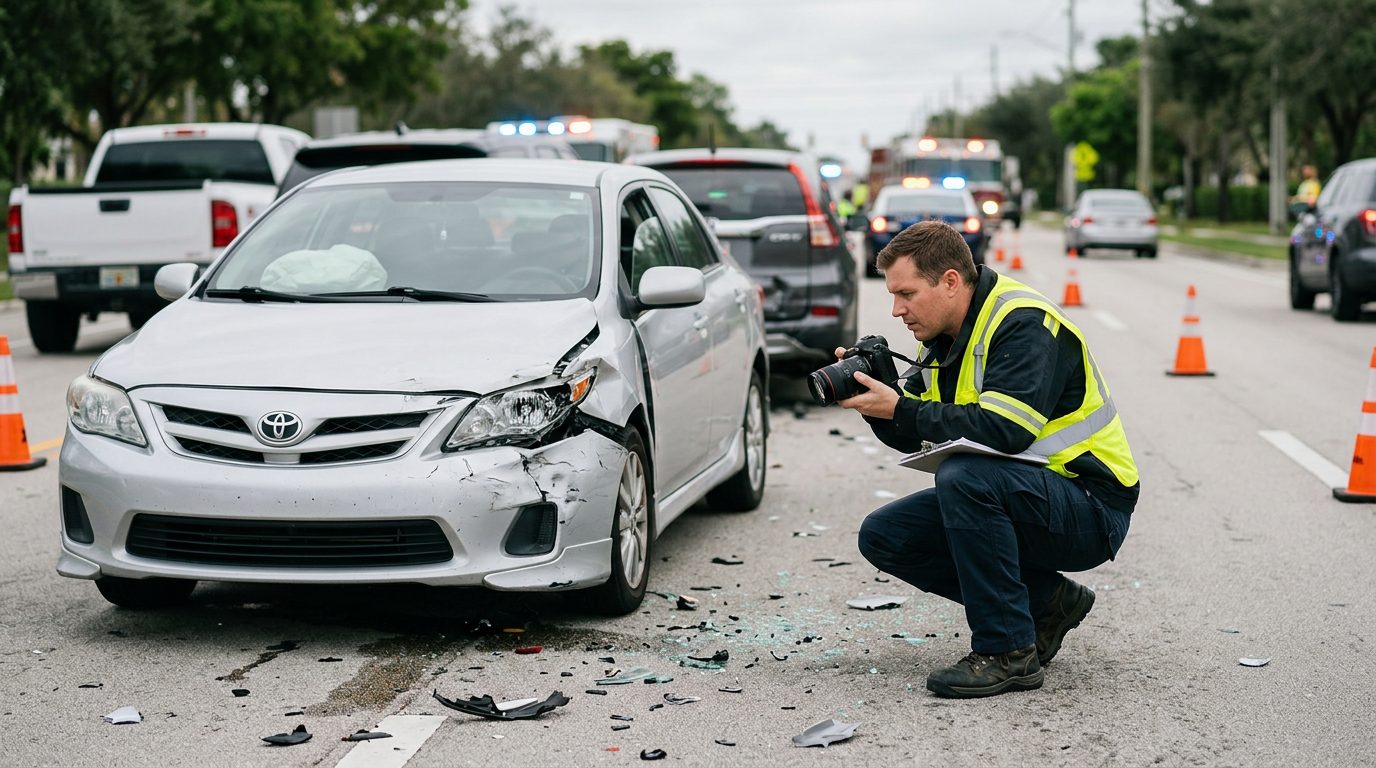 Traffic accident investigator documenting vehicle damage at multi-vehicle collision scene.