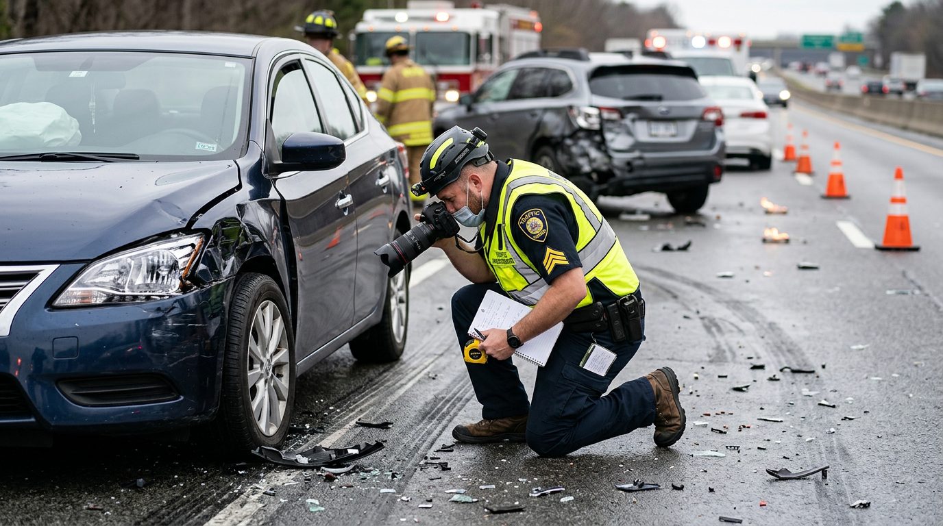 Traffic accident investigator documenting vehicle damage at multi-vehicle collision scene.