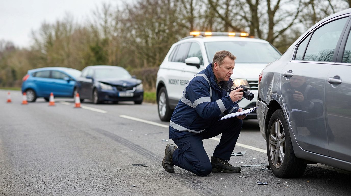 Traffic accident investigator documenting vehicle damage at multi-vehicle collision scene.