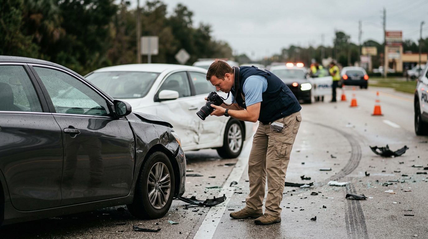 Traffic accident investigator documenting vehicle damage at multi-vehicle collision scene.