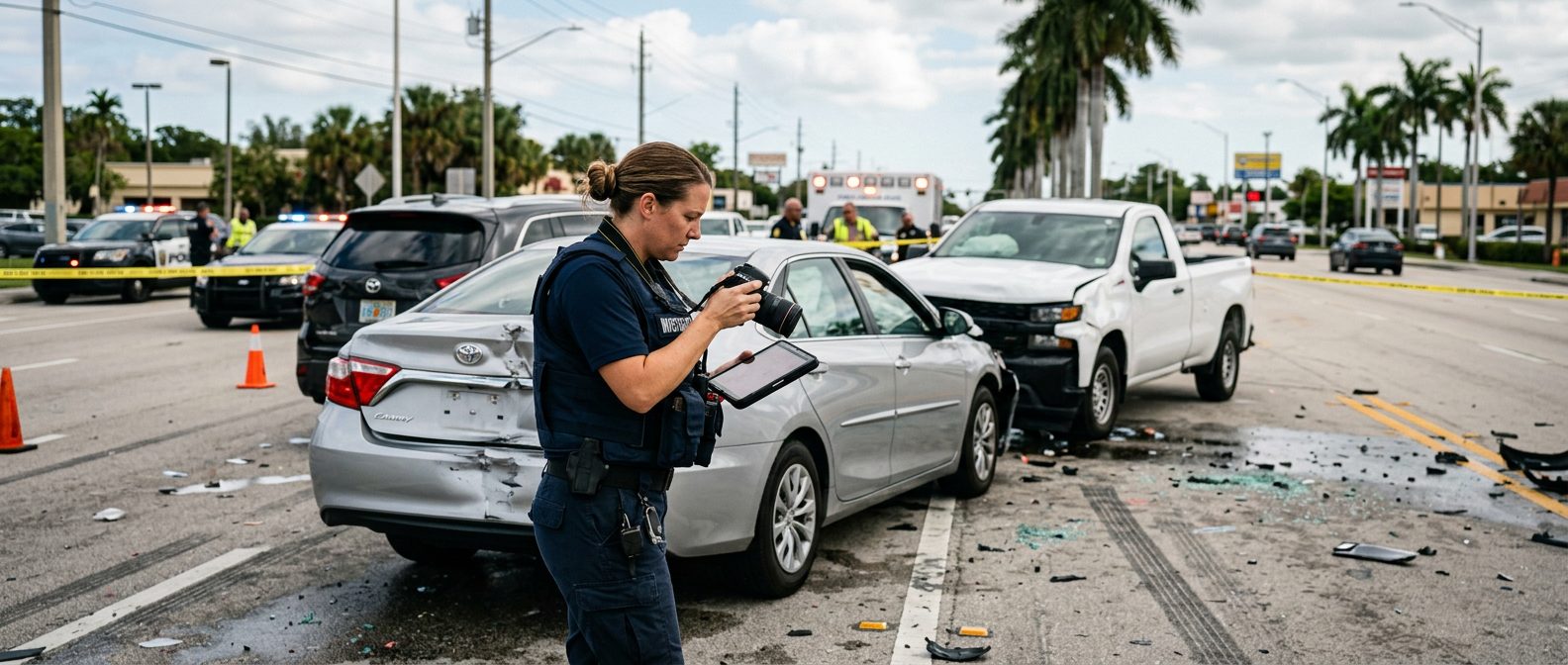 Traffic accident investigator documenting vehicle damage at multi-vehicle collision scene.