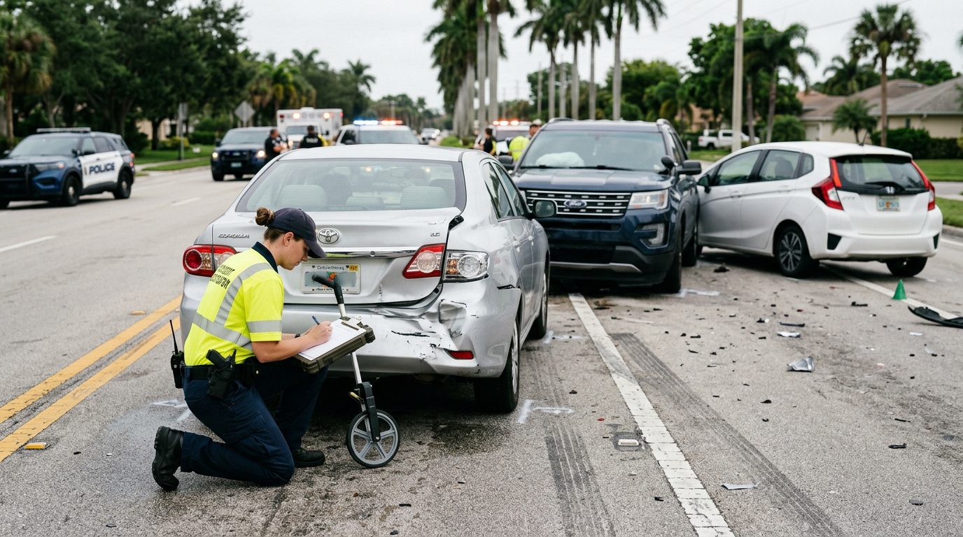 Traffic accident investigator documenting vehicle damage at multi-vehicle collision scene.