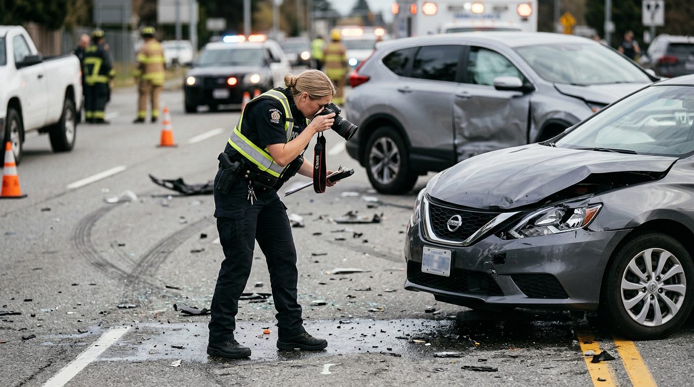 Traffic accident investigator documenting vehicle damage at multi-vehicle collision scene.