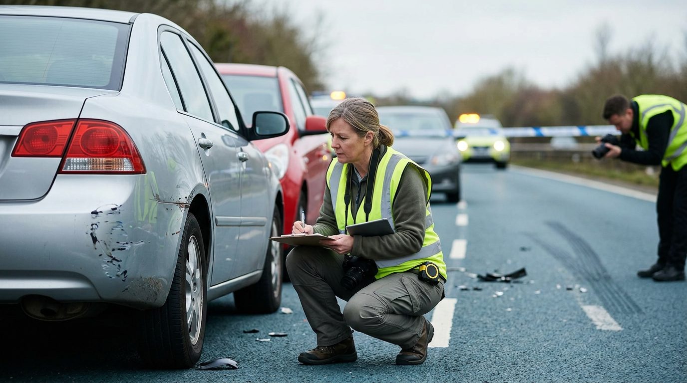Traffic accident investigator documenting vehicle damage at multi-vehicle collision scene.