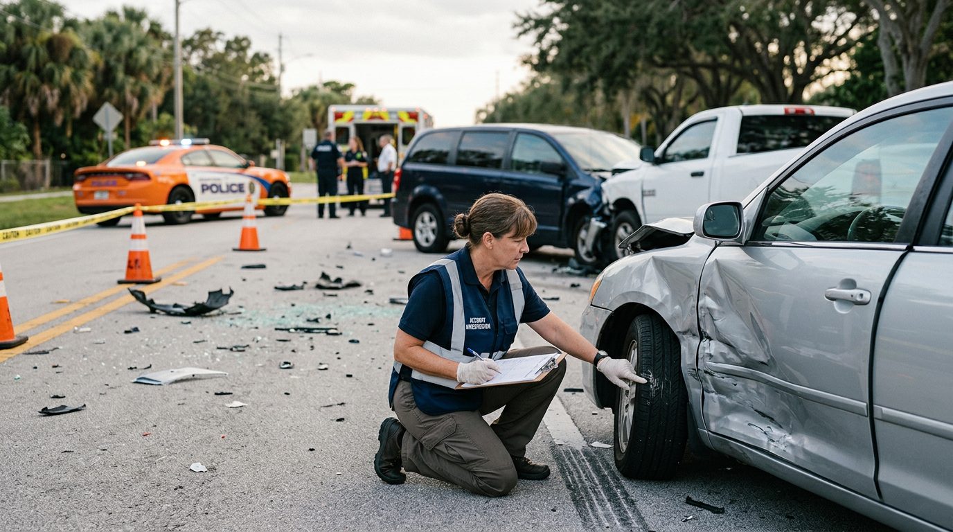 Traffic accident investigator documenting vehicle damage at multi-vehicle collision scene.