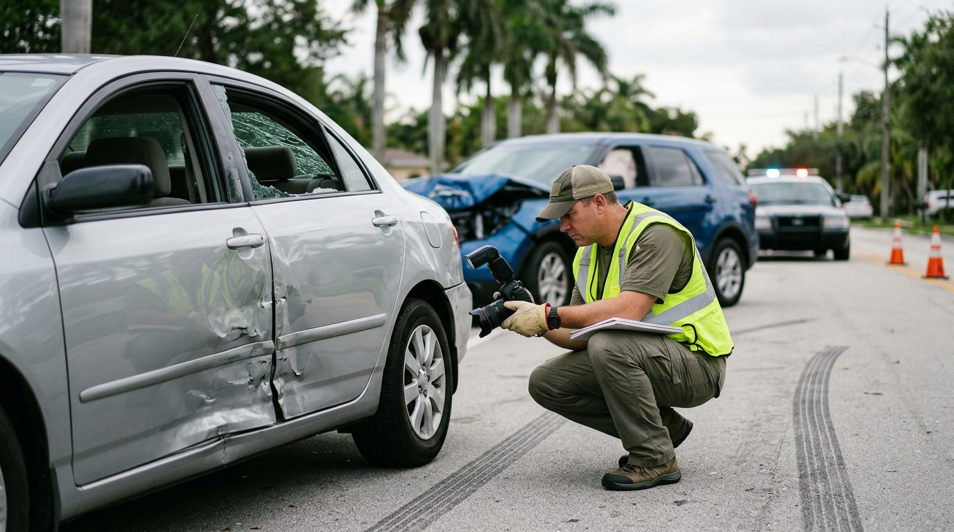 Traffic accident investigator documenting vehicle damage at a multi-vehicle collision scene.