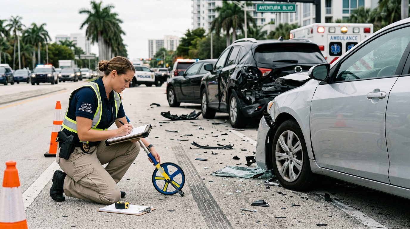 Traffic accident investigator documenting vehicle damage at multi-vehicle collision scene.