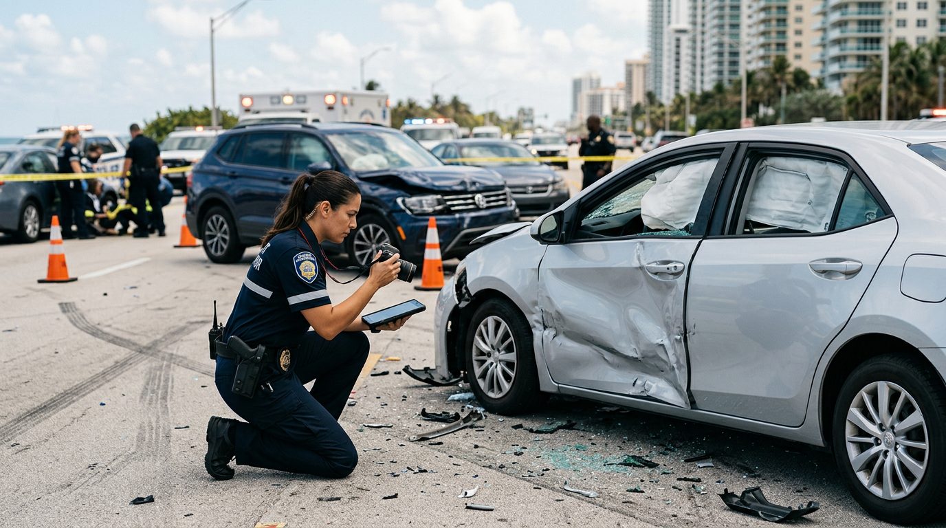 Traffic accident investigator documenting vehicle damage at multi-vehicle collision scene.