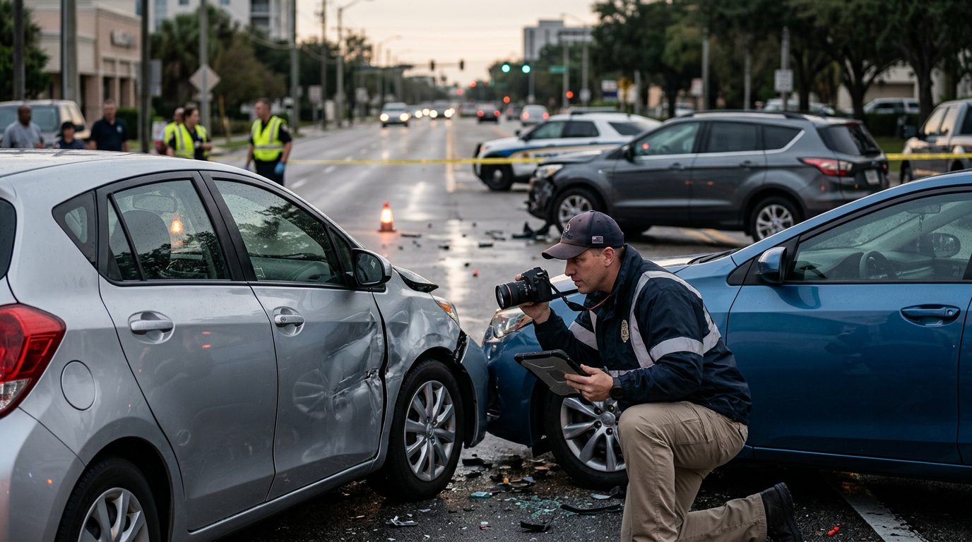Traffic accident investigator documenting vehicle damage at multi-vehicle collision scene.