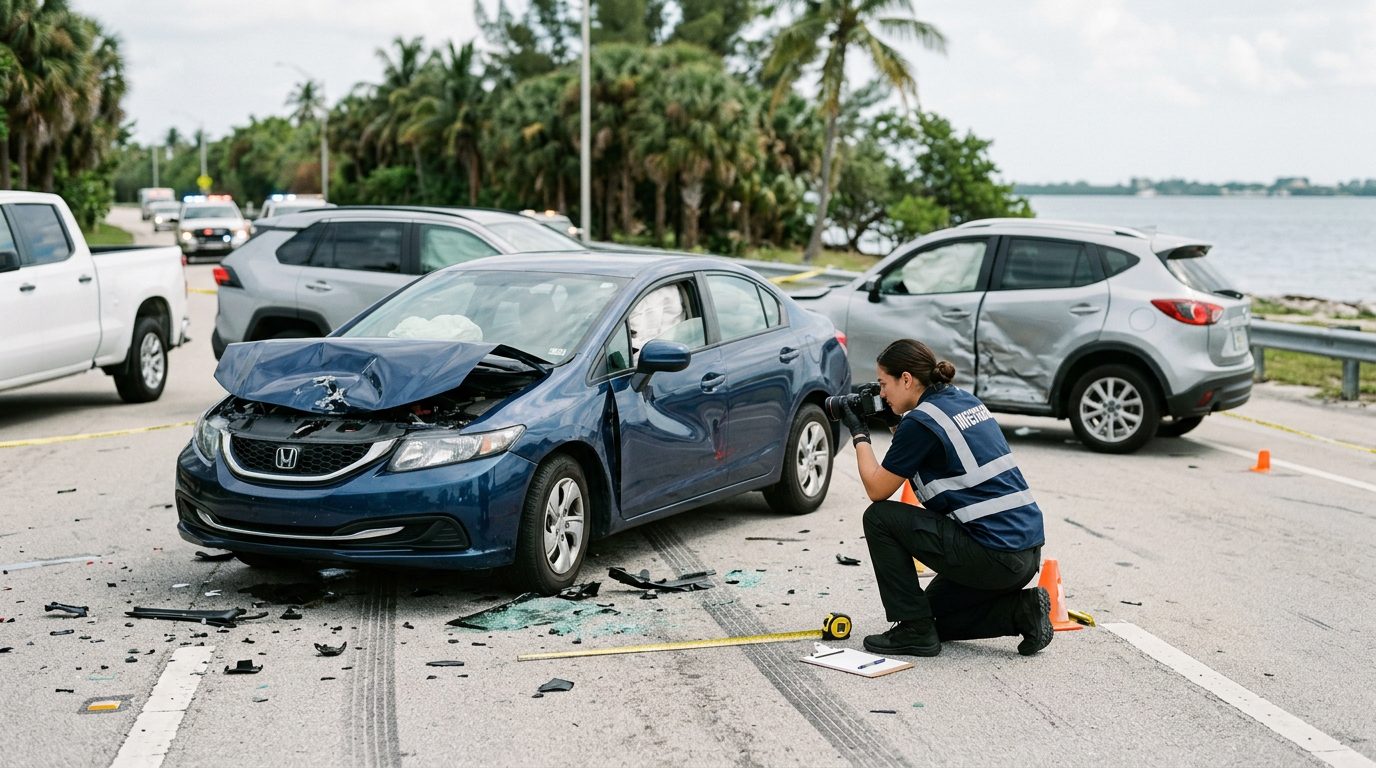 Traffic accident investigator documenting vehicle damage at multi-vehicle collision scene.