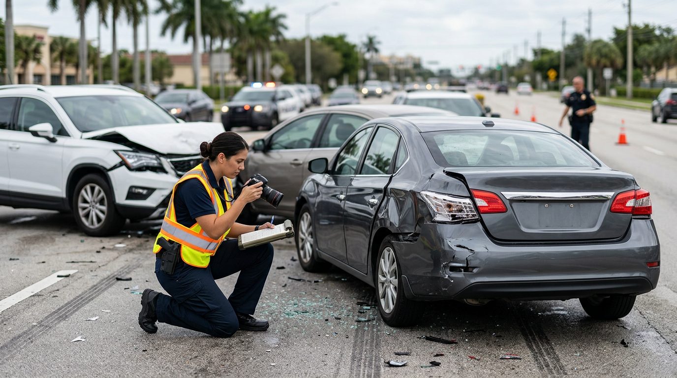 Traffic accident investigator documenting vehicle damage at a multi-vehicle collision scene.
