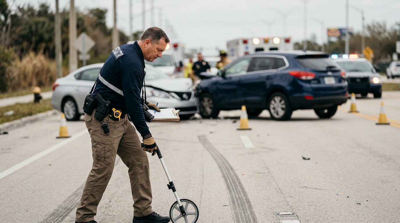 Traffic accident investigator documenting vehicle damage at a multi-vehicle collision scene in Miramar.