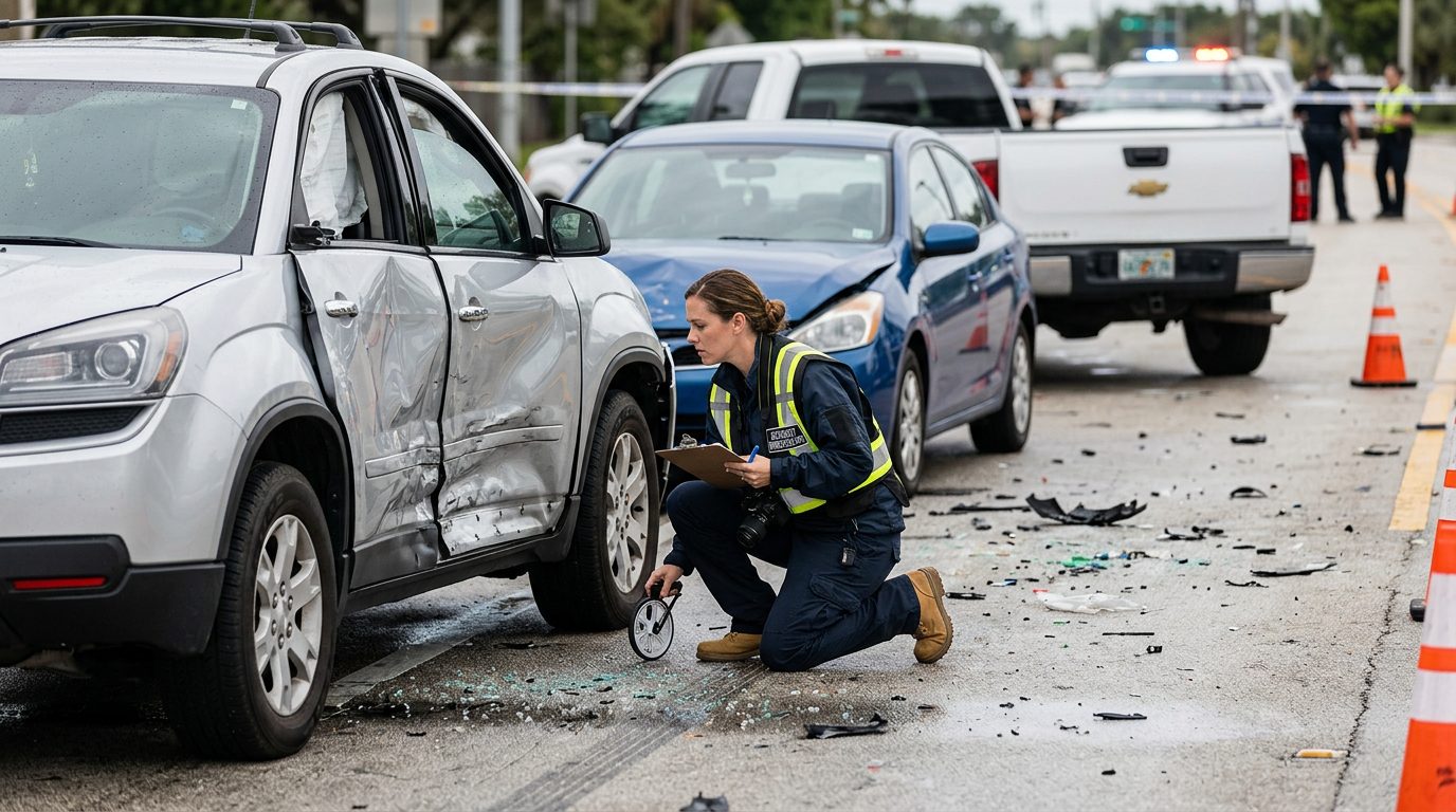 Traffic accident investigator documenting vehicle damage at a multi-vehicle collision scene.